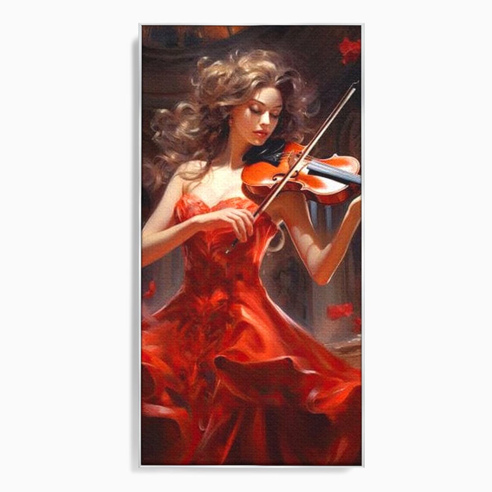 Tablou canvas cu tablou canvas cu femeie violonista, in rama de aluminiu argintiu